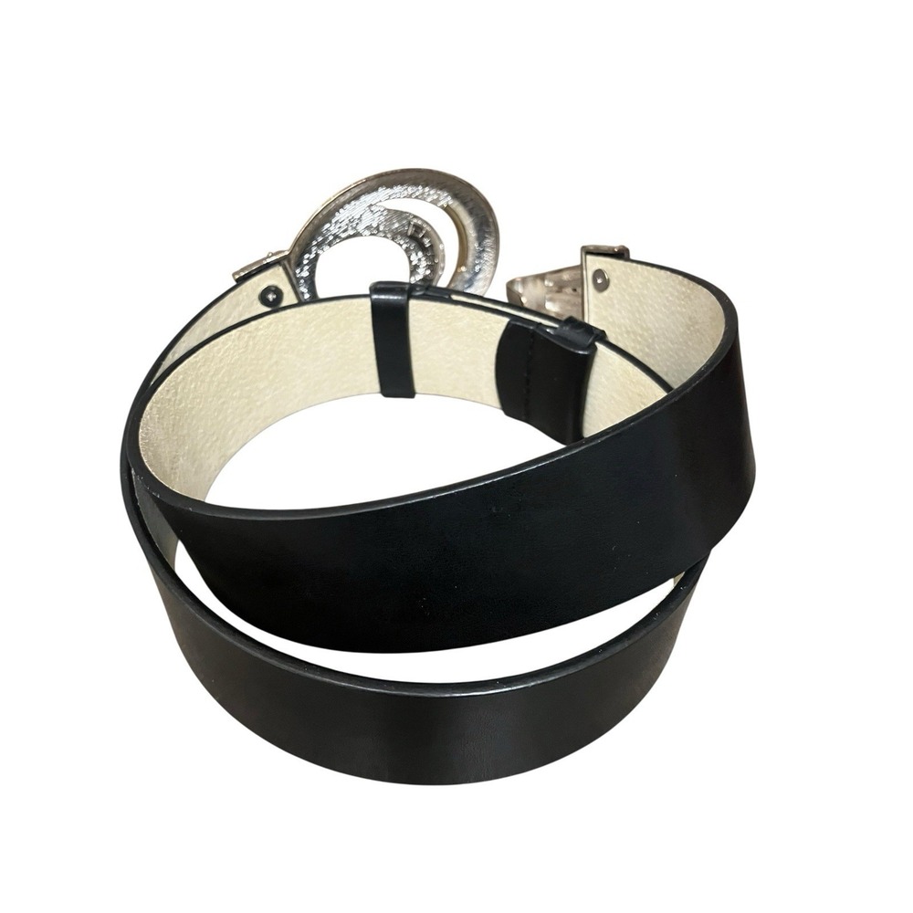 CHICOs Belt Leather Black Gold Silver Tone Hook Buckle Art To Wear Statement S/M - Picture 4 of 13